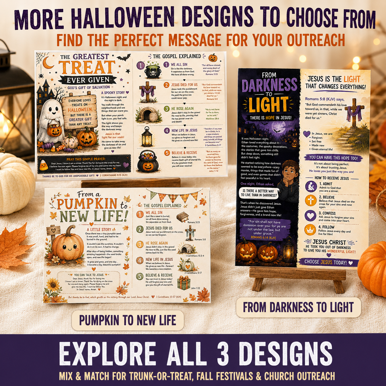 A promotional collage showing three Halloween-themed printed outreach board or menu-style designs arranged on a styled tabletop with pumpkins, autumn leaves, and warm string lights. The top text reads 'More Halloween designs to choose from' and the bottom banner says 'Explore all 3 designs.