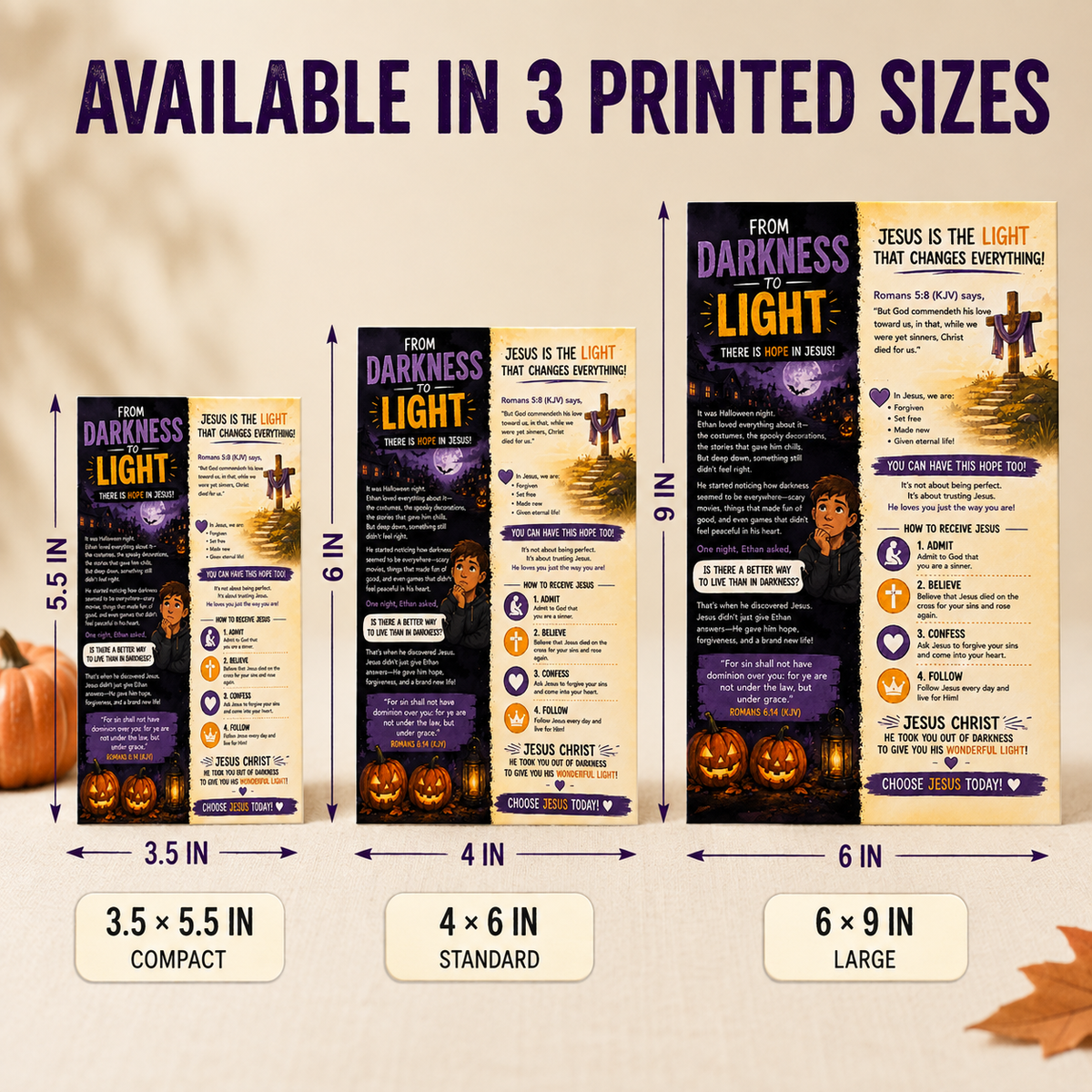 A size comparison graphic for a Halloween-themed vertical poster, showing three printed sizes labeled compact 3.5 x 5.