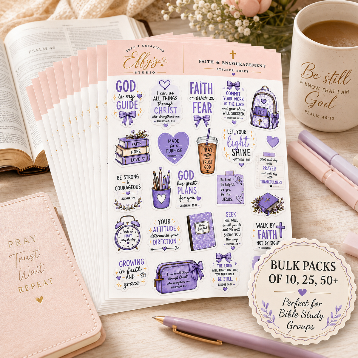 Bulk packs of purple Christian faith sticker sheets for Bible study groups, women’s ministry and church events.