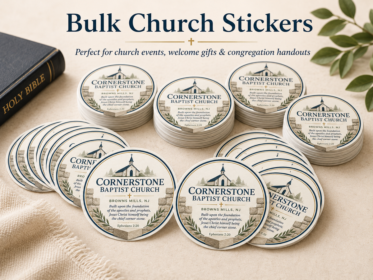 Bulk personalized church stickers for retreats, events, ministry gifts and giveaways