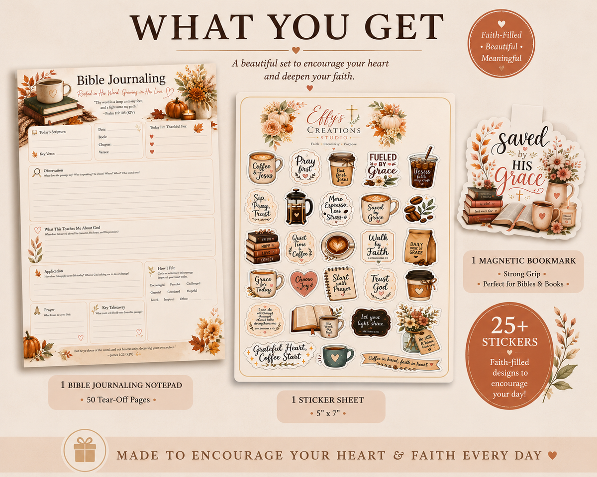 Three-piece Christian gift set with Bible journaling notepad, sticker sheet and magnetic bookmark