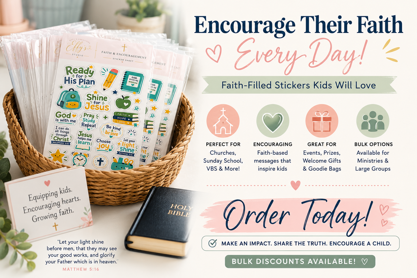 Christian kids faith sticker sheet for school, Bible study, Sunday School and children's ministry gifts