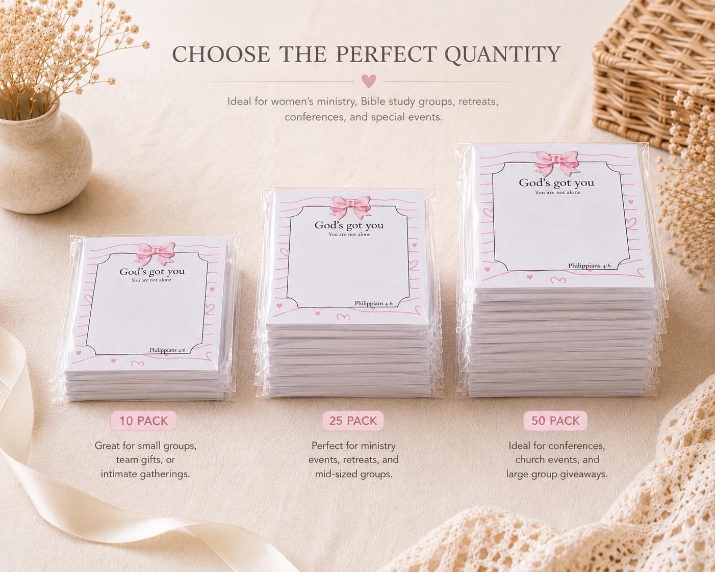 Christian notepads arranged as women's ministry and Bible study group gifts