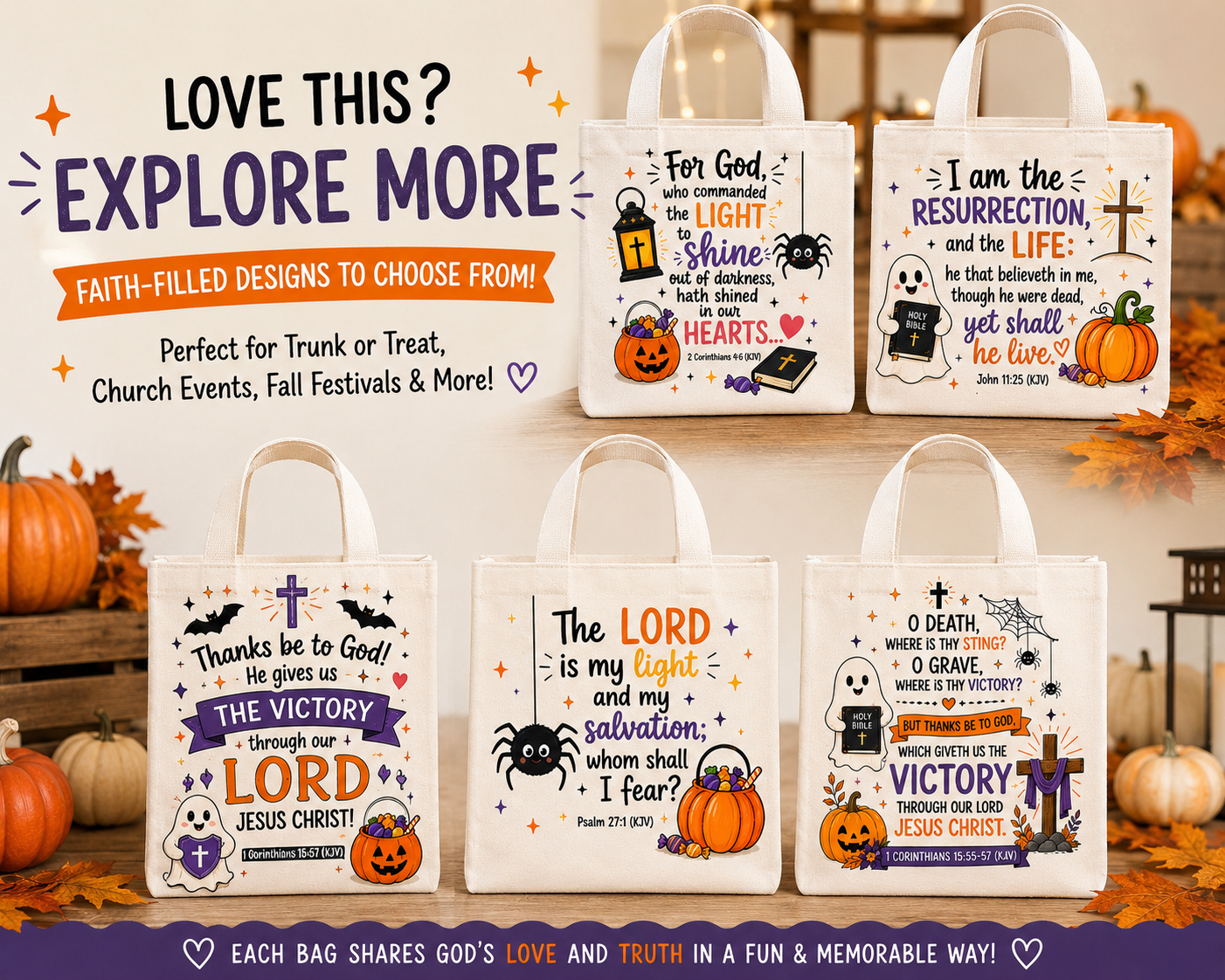Five Christian 8x8 kids tote bag designs for Trunk or Treat, church fall festivals, and faith-based Halloween outreach.