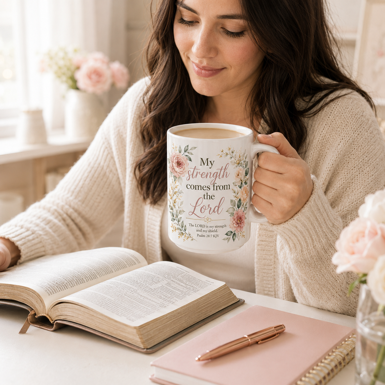Christian woman holding a floral Psalm 28:7 KJV 15 oz mug during morning Bible study with an open Bible and blush journal.
