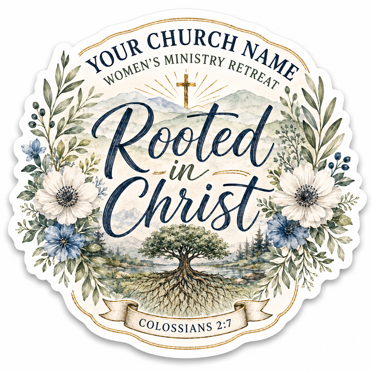 Floral Rooted in Christ personalized church sticker with custom church details