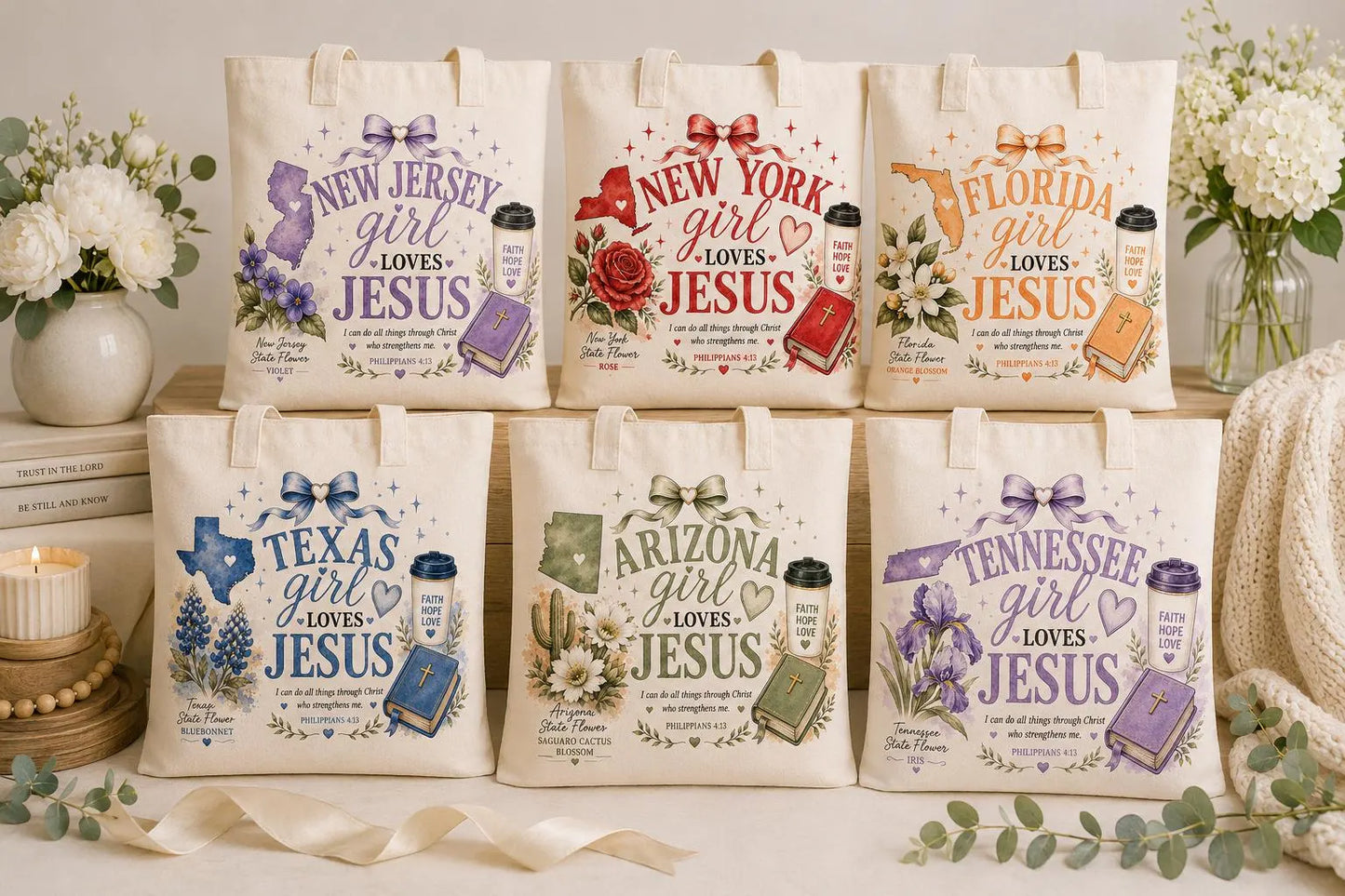 State Girl Loves Jesus Christian tote bag collection with floral faith-inspired artwork