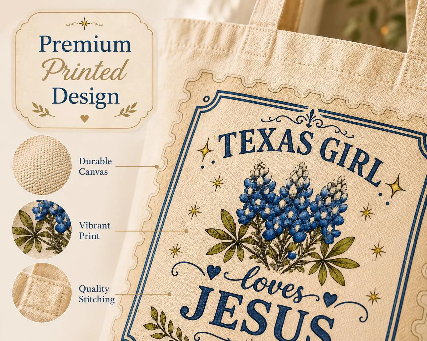 Texas Christian tote bag with feminine bluebonnet faith artwork