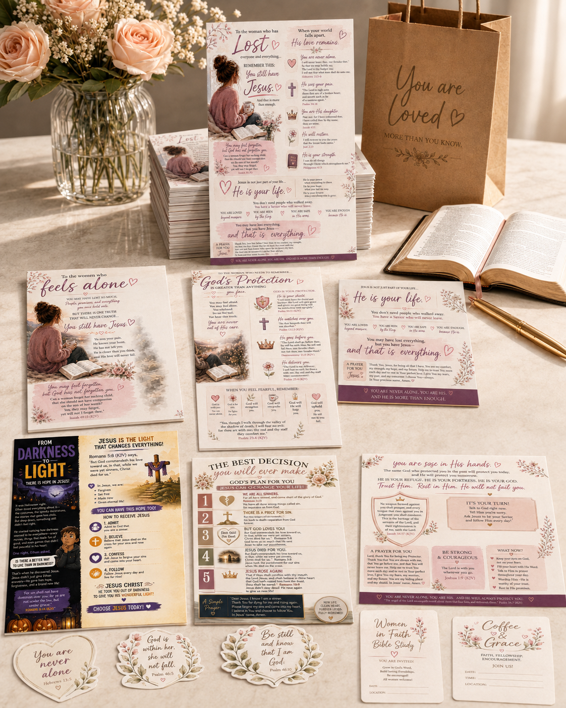 Christian Gospel tracts, Scripture handouts and church outreach resources arranged for evangelism and ministry events