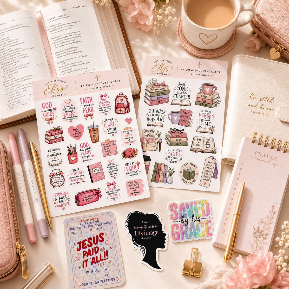 Bible study and journaling accessories with Christian sticker sheets, journal, open Bible, pens and devotional stationery