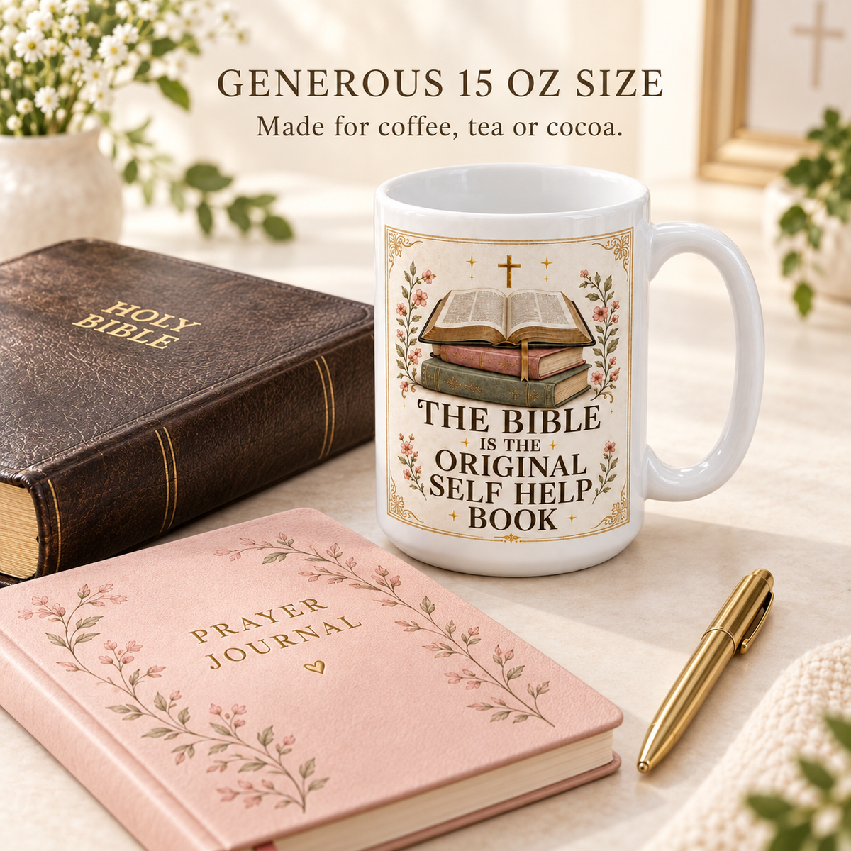15 oz white ceramic Bible study mug beside a journal and pen, with capacity and material callouts