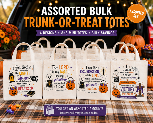 Bulk Christian Trunk or Treat Tote Bags | Assorted Church Halloween Treat Bags