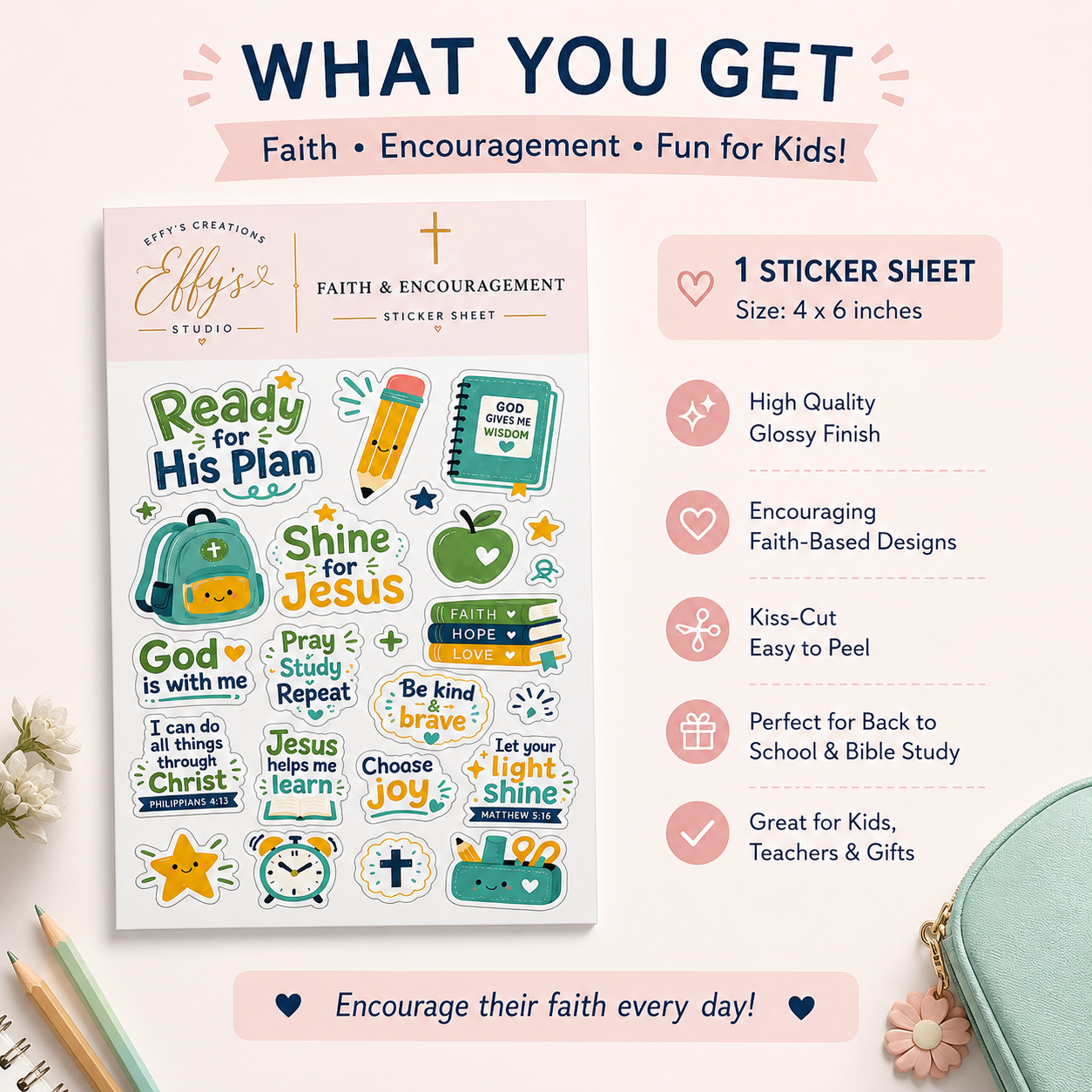 4x6 Christian kids faith and encouragement sticker sheet with Bible and school-themed designs