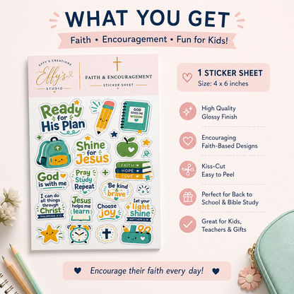 4x6 Christian kids faith and encouragement sticker sheet with Bible and school-themed designs