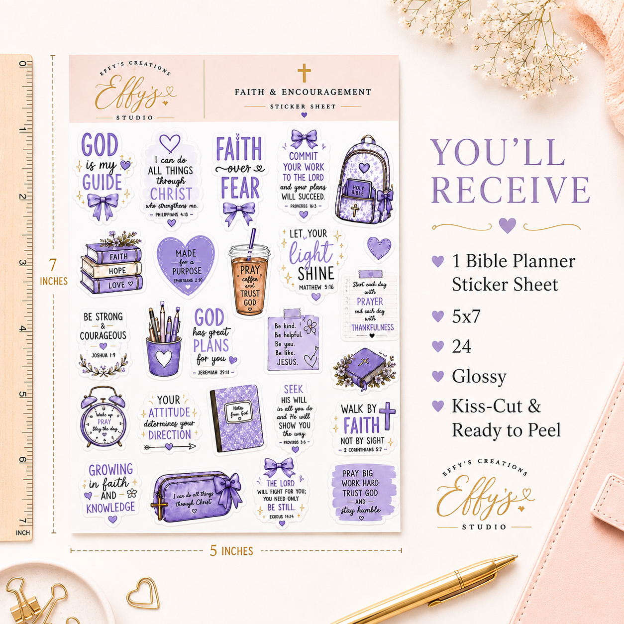 Product details for a 5x7 Christian sticker sheet containing 24 glossy, kiss-cut Bible-inspired planner stickers.