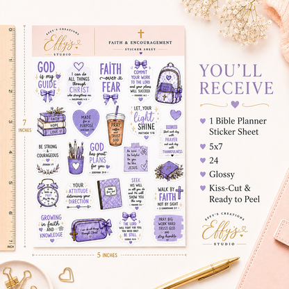 Product details for a 5x7 Christian sticker sheet containing 24 glossy, kiss-cut Bible-inspired planner stickers.