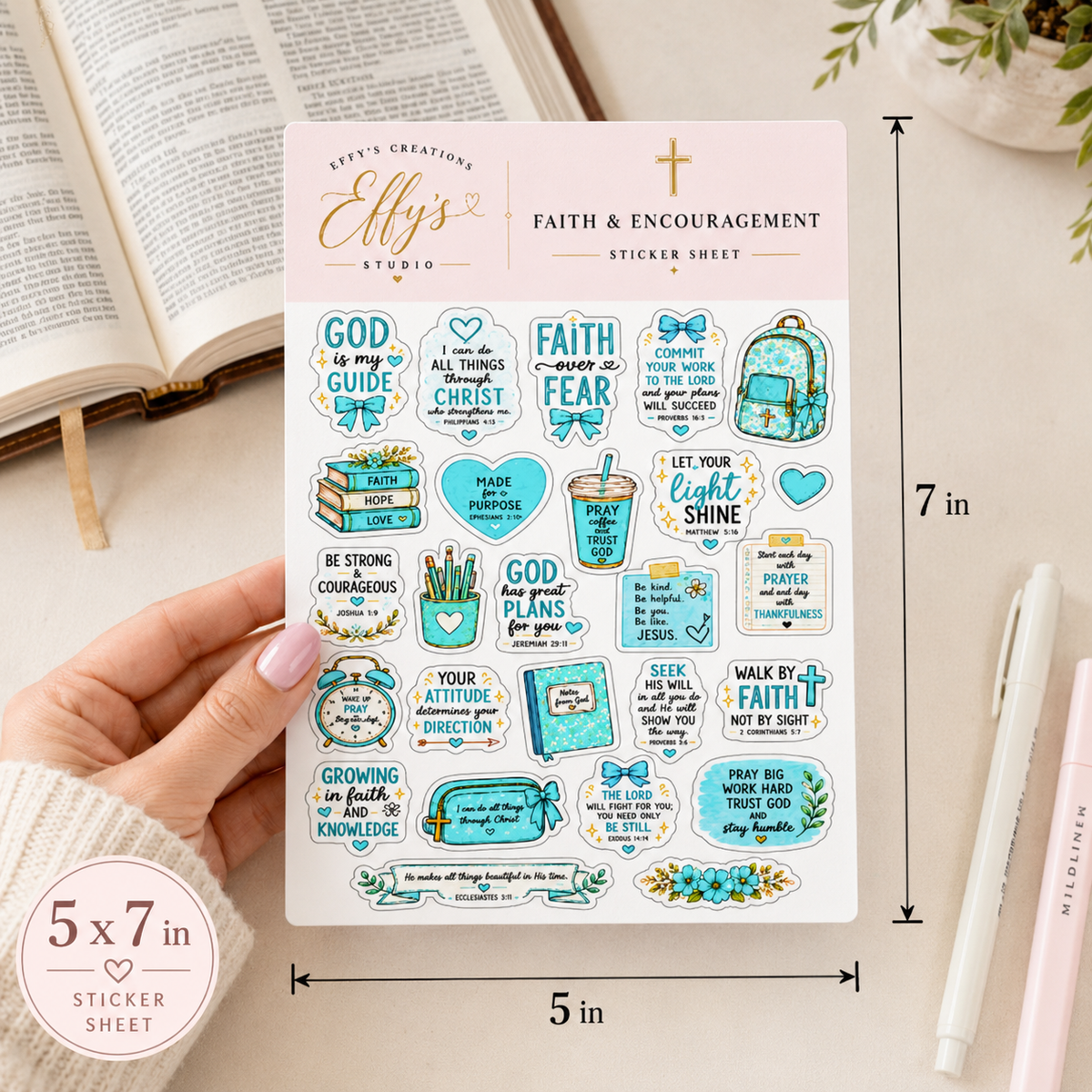 5x7 Christian Bible journaling sticker sheet size reference with faith and encouragement stickers