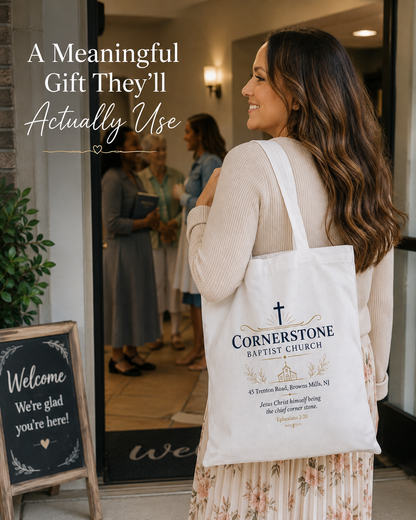 Woman carrying a personalized canvas tote bag in a church or everyday setting
