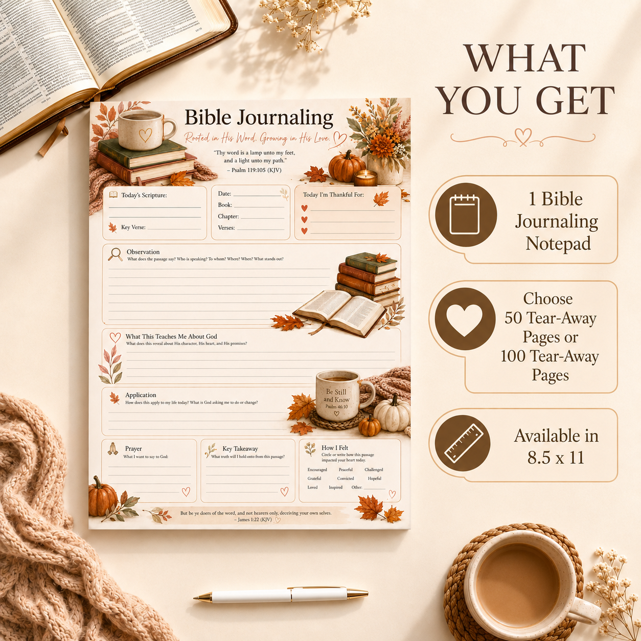 Letter-size 8.5 x 11 Bible study notepad shown beside Bible and pen