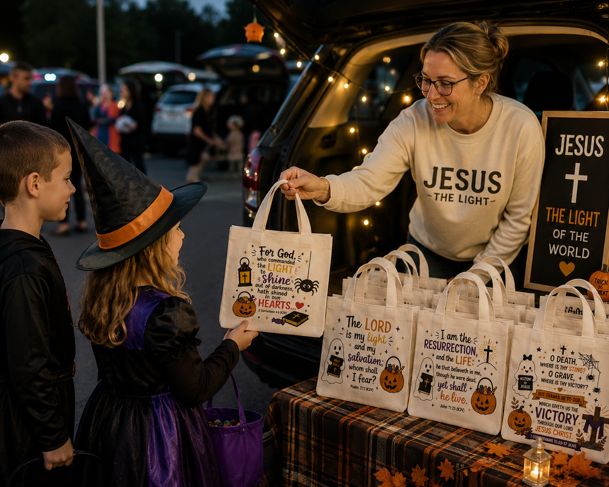 Bulk Christian Trunk or Treat Tote Bags | Assorted Church Halloween Treat Bags