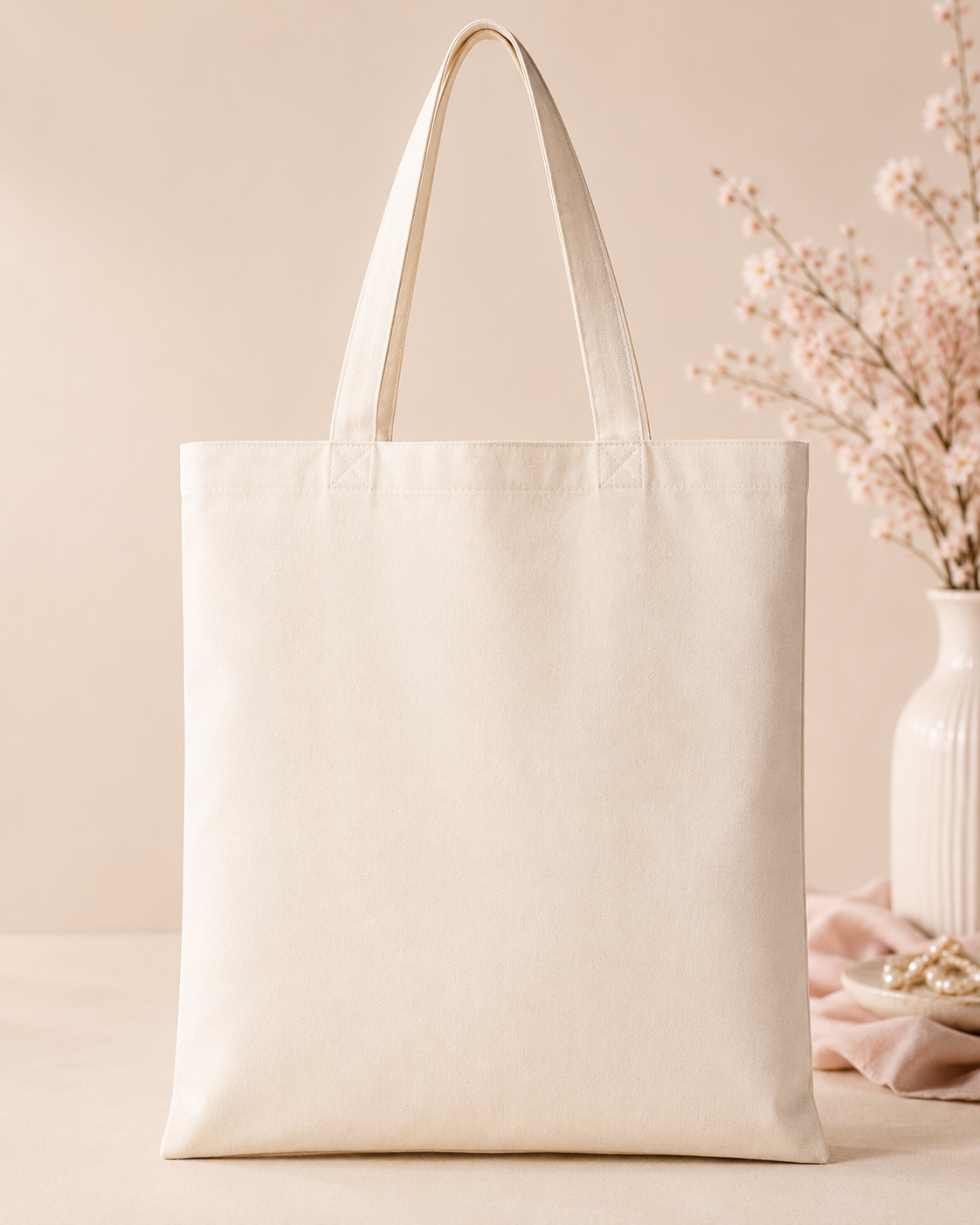 “Blank 13x15 personalized canvas tote bag in a soft neutral setting”