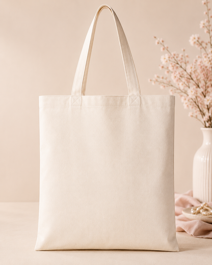 “Blank 13x15 personalized canvas tote bag in a soft neutral setting”