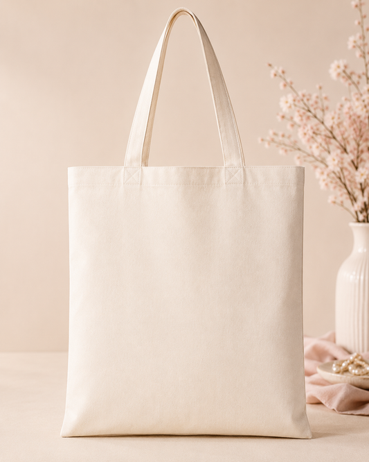 “Blank 13x15 personalized canvas tote bag in a soft neutral setting”