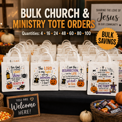 Bulk Christian Trunk or Treat Tote Bags | Assorted Church Halloween Treat Bags