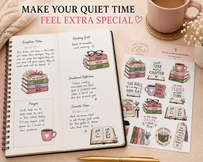 Christian stickers used in a Bible journal during quiet time with a bookish faith sticker sheet nearby