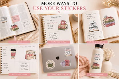 Bookish Christian stickers shown on journals, planners and faith-based reading accessories