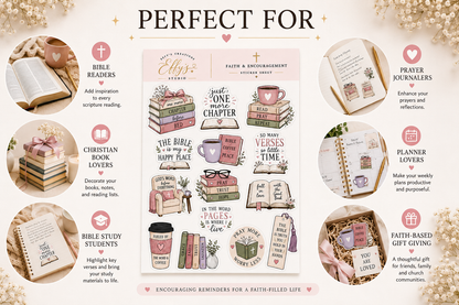 Christian bookish sticker sheet for Bible study, journaling, planners, readers and faith-based gifts