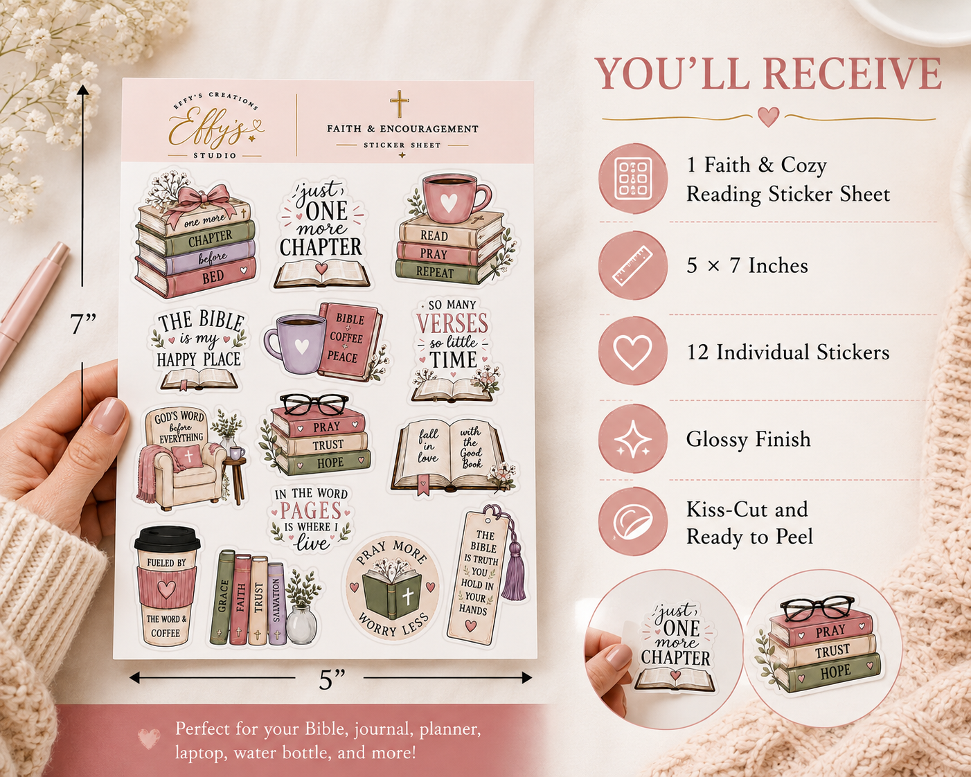 Christian bookish sticker sheet details featuring Bible, coffee, book and faith-inspired sticker designs