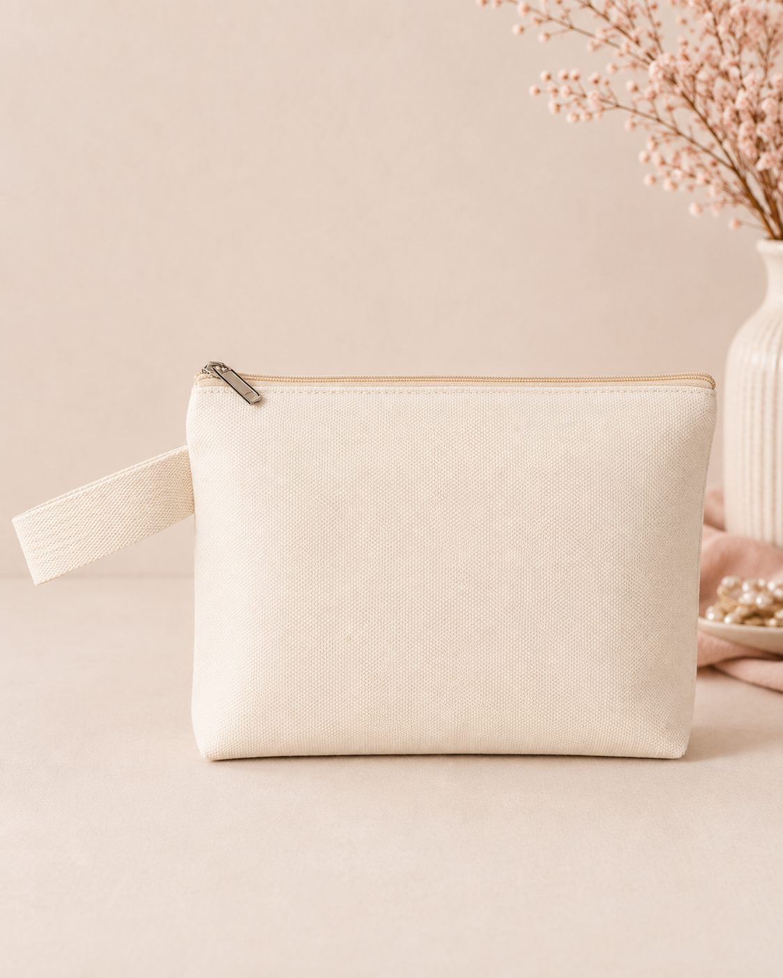Blank personalized makeup bag in a soft neutral setting