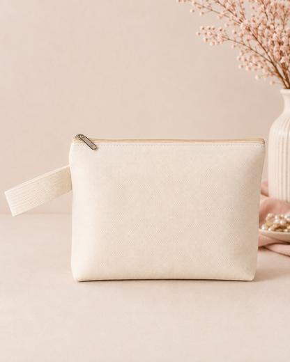 Blank personalized makeup bag in a soft neutral setting