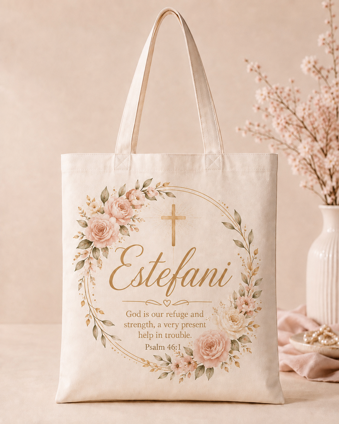 Close-up of personalized tote bag fabric, stitching and printed design