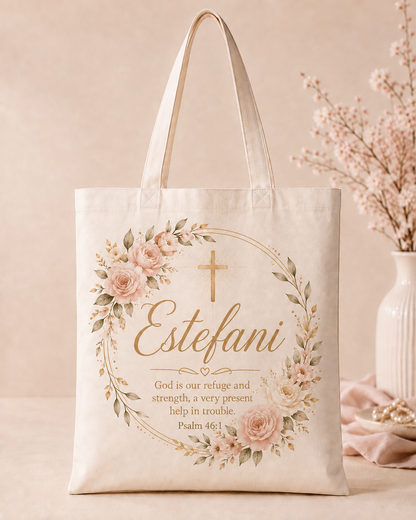 Close-up of personalized tote bag fabric, stitching and printed design