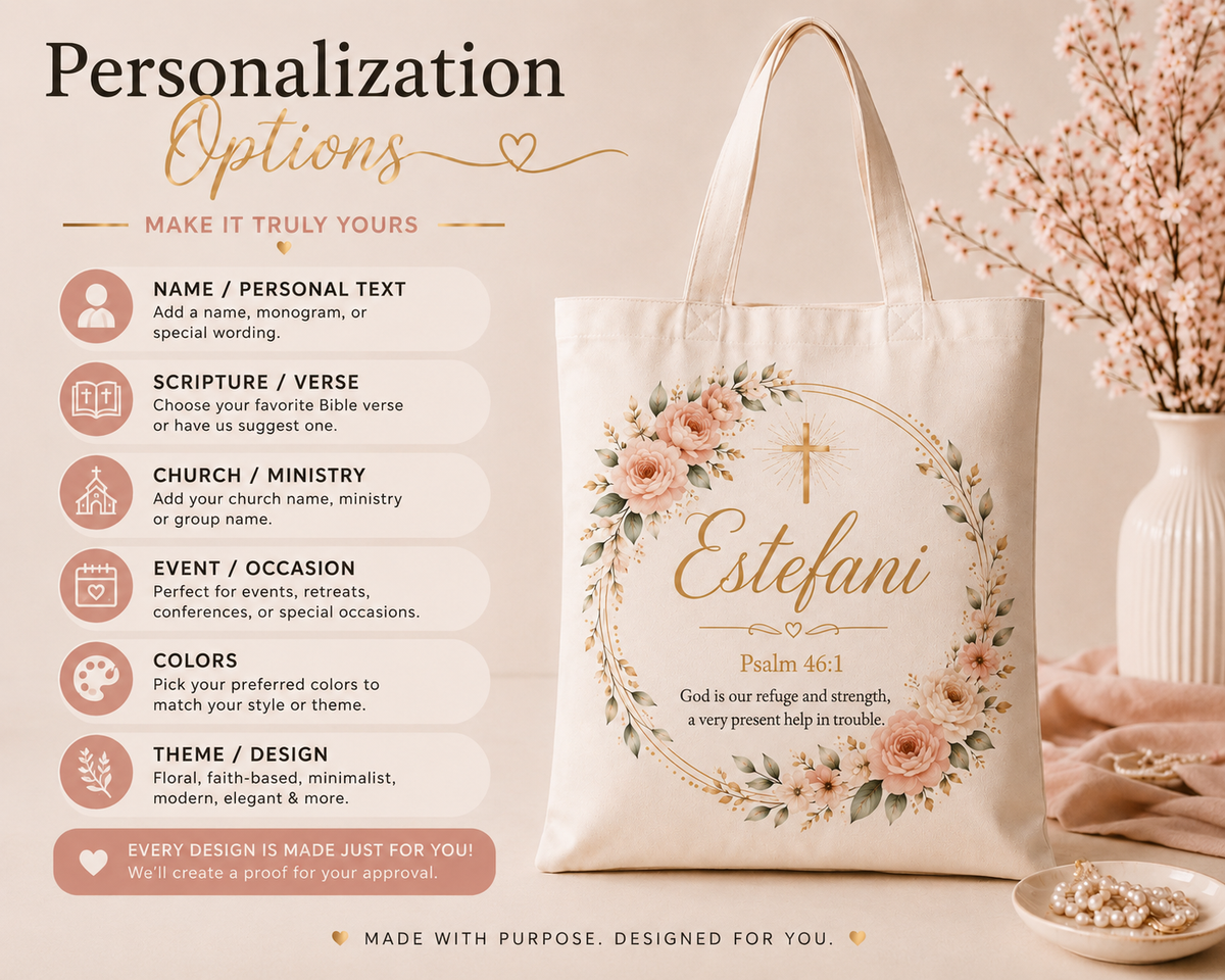 Personalized tote bag customization options including name, Scripture, colors, church and event details