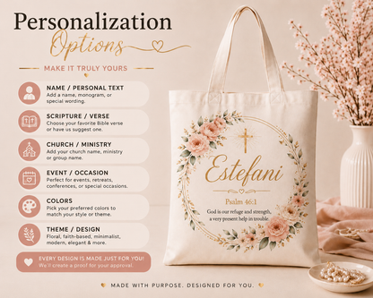 Personalized tote bag customization options including name, Scripture, colors, church and event details