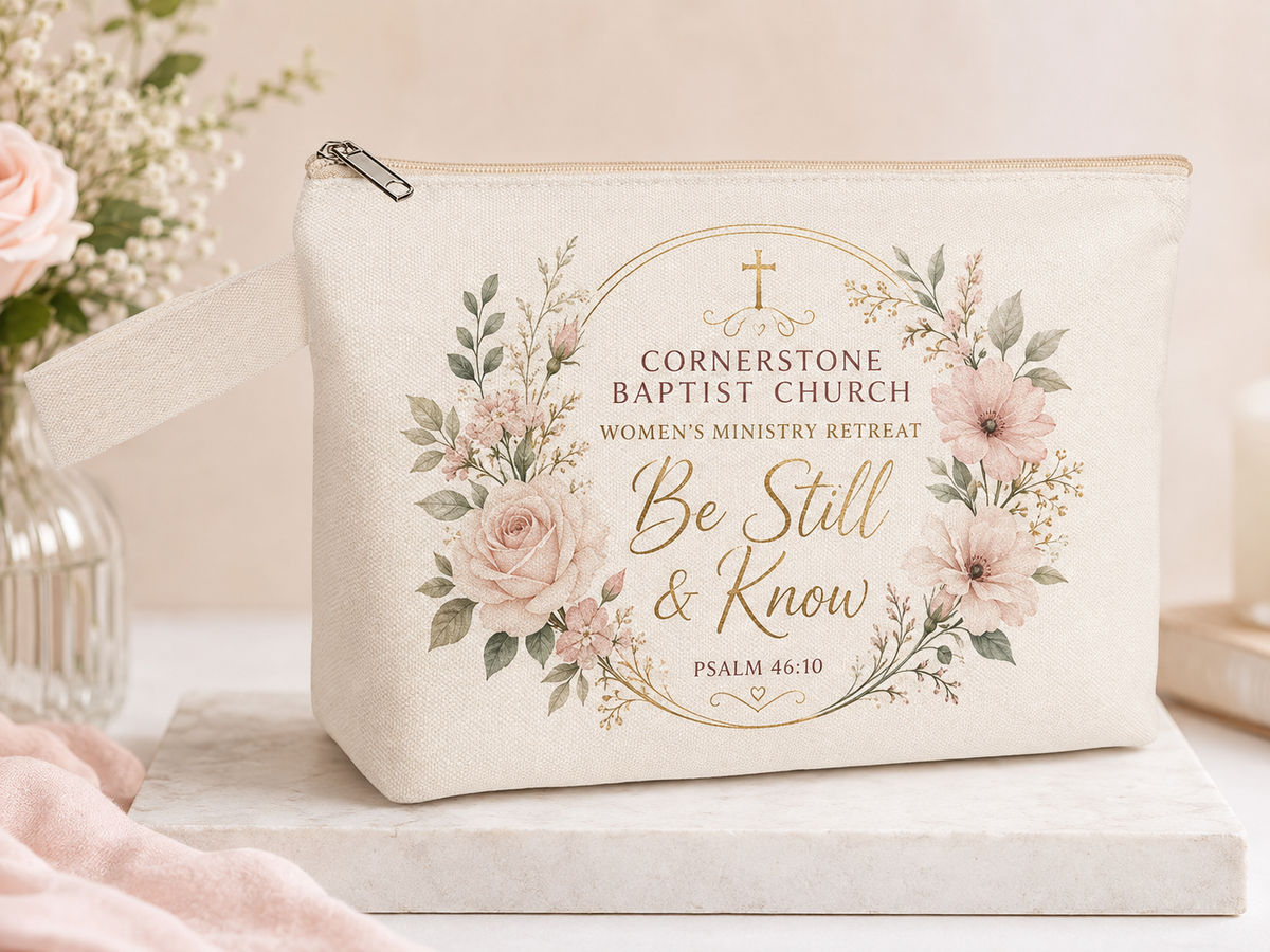 Personalized makeup bag with custom name and Scripture design