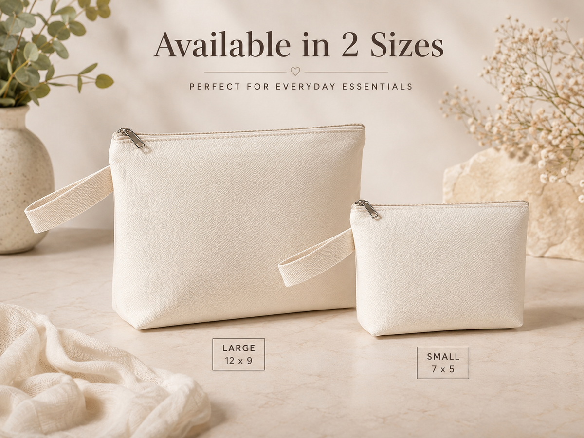 7x5 and 12x9 personalized makeup bags shown side by side