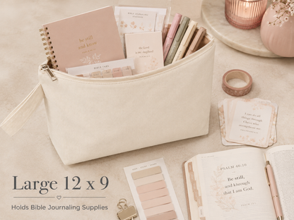Large 12x9 personalized cosmetic bag with bible journaling supplies 