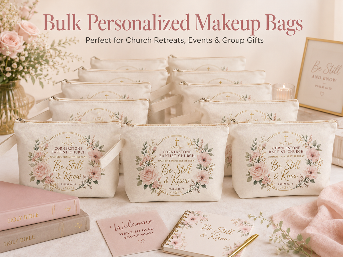 Bulk personalized makeup bags for church retreats, events and group gifts