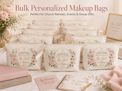 Bulk personalized makeup bags for church retreats, events and group gifts