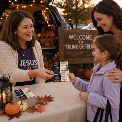 Three people gathered outdoors at dusk around a table with printed cards. A woman on the left wears a purple T-shirt with the text 'JESUS IS THE LIGHT,' and the woman on the right holds a child.