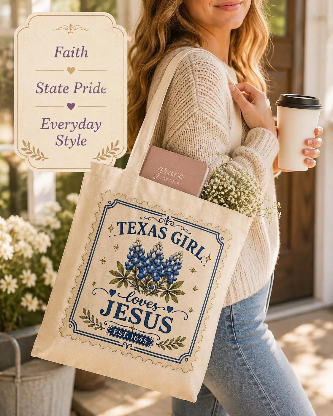 Woman carrying a Christian canvas tote bag for everyday use