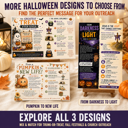 A promotional collage showing three Halloween-themed printed outreach board or menu-style designs arranged on a styled tabletop with pumpkins, autumn leaves, and warm string lights. The top text reads 'More Halloween designs to choose from' and the bottom banner says 'Explore all 3 designs.