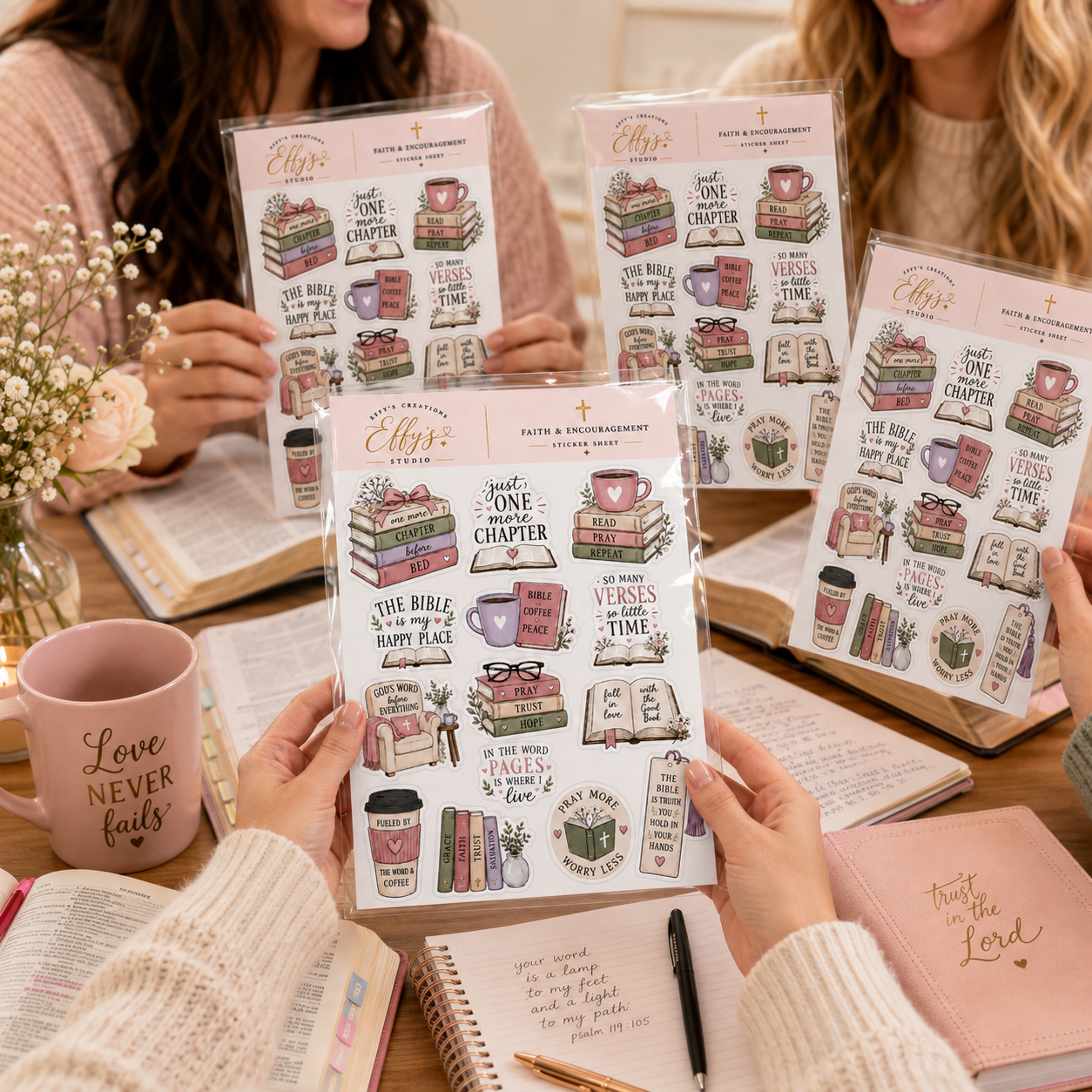 Women using Christian bookish sticker sheets together during a Bible study and journaling gathering