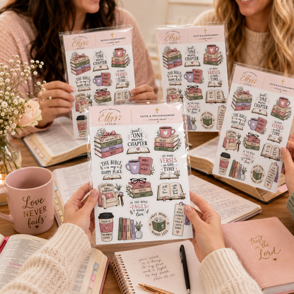 Women using Christian bookish sticker sheets together during a Bible study and journaling gathering