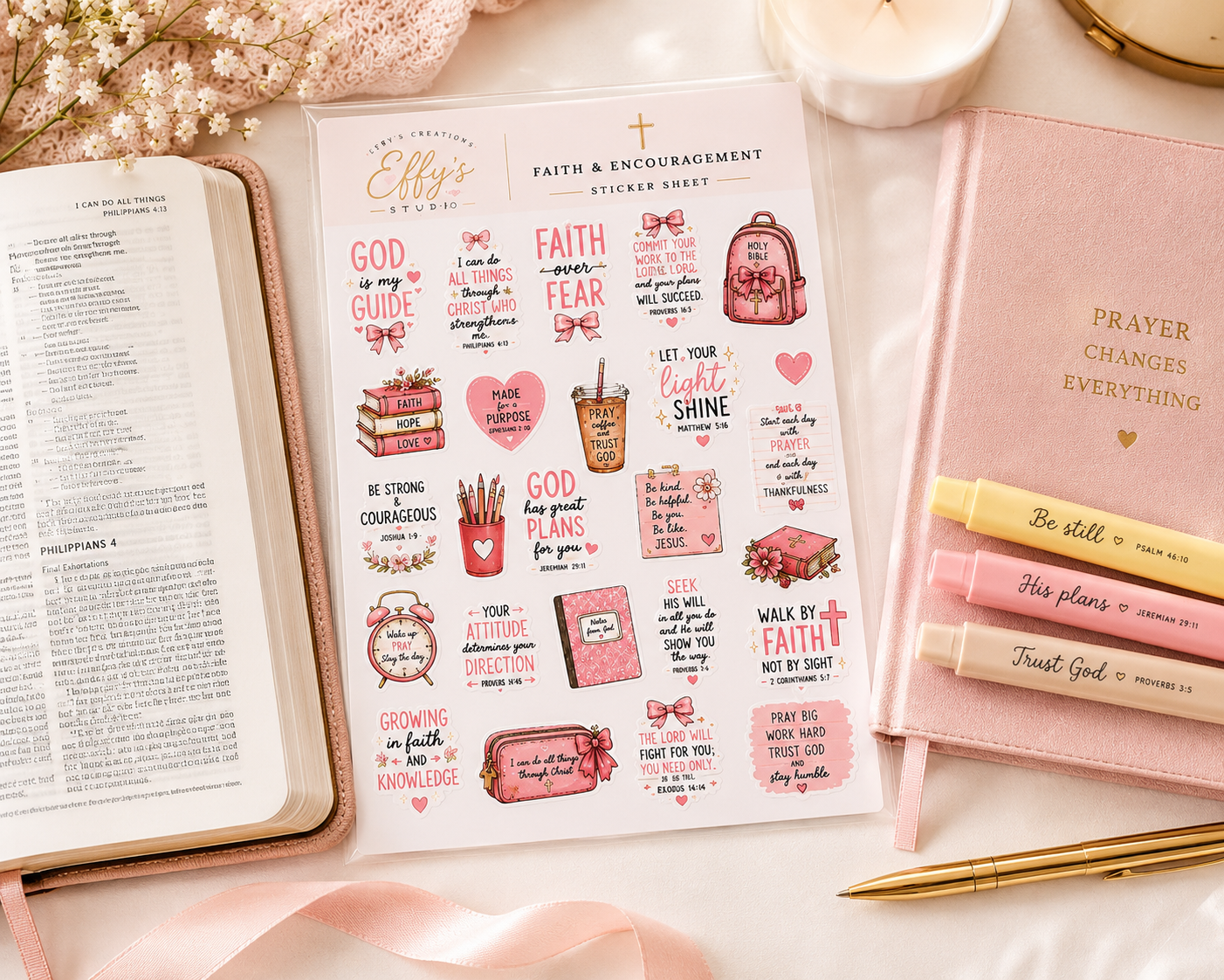 Pink Christian faith and encouragement sticker sheet with Scripture-inspired and Bible study designs