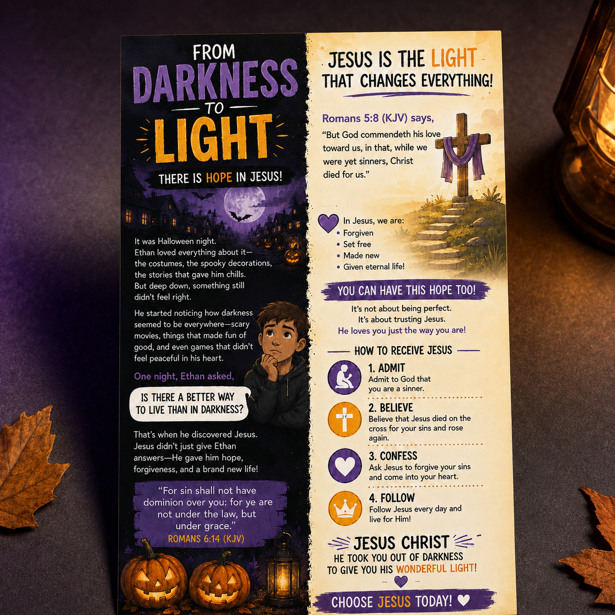 A Halloween-themed religious card set displayed on a dark background with pumpkins. The set includes a 'From Darkness to Light' informational card and a 'Jesus is the Light' choice card, both featuring purple, white, and orange designs.
